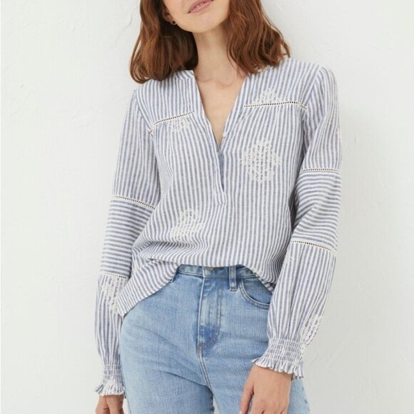FatFace Blue Poppy Stripe Embroidered Blouse Cotton Linen Blend - Picture 1 of 12